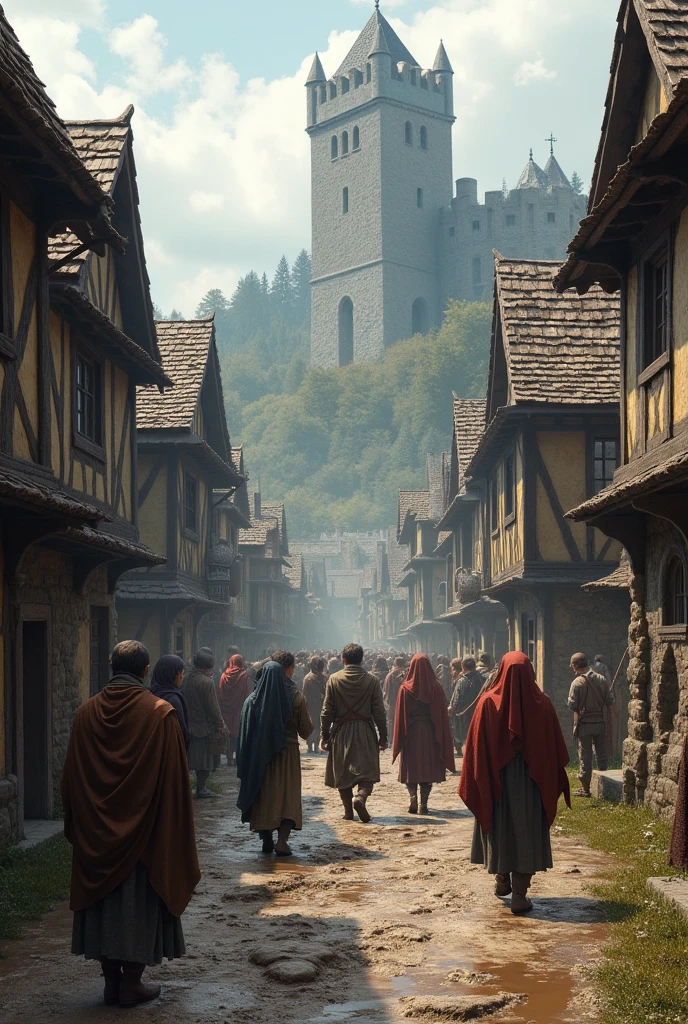 Women, men and children dressed in medieval clothing, walking on a dirty and muddy street, of a medieval village near a castle