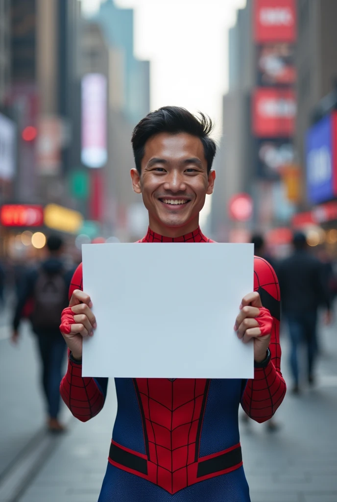 real photo. young man with Indonesian face wearing spiderman clothes. holding a blank whiteboard size 3:4 standing smiling in the middle of the streets of new york city. Ultra-realistic 8K photograph, shot with a Leica Q2, strong color contrast and sharp clarity --ar 9:16 --quality 2 --