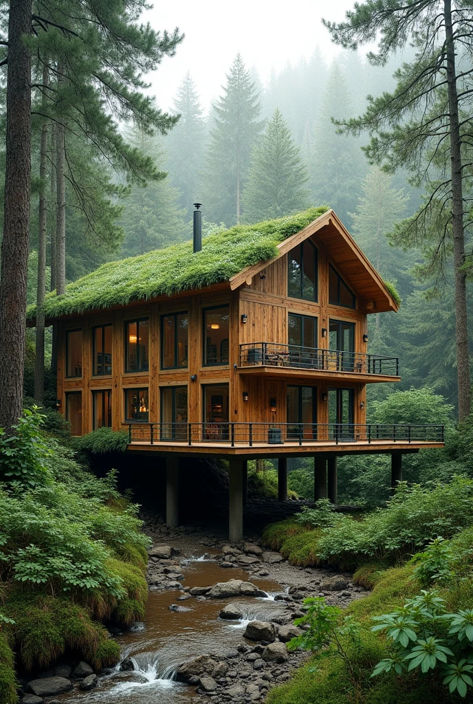 c) Forest in the mountains, with firm and moist soil, surrounded by very tall trees Type of Construction:
Platform Structure: Build on an elevated platform to avoid direct contact with wet soil and protect the structure from possible flooding.. This elevation also helps to avoid damage to surrounding vegetation and reduce environmental impact..
Green Roof: A green roof with local vegetation not only provides additional thermal insulation but also visually integrates with the surroundings.. Helps manage rainwater and promotes local biodiversity.
Natural and Local Building Materials: Use treated wood from fallen trees in the area for framing and siding. This ensures that the construction is in harmony with the natural environment and minimises the transport of materials..
Windows and Wood Siding: Incorporate large windows with wood cladding to maximize natural light and provide views of the forest. Windows should be moisture-proofed and designed to minimize heat loss..
Conceptual drawing:
Imagine a building on an elevated platform with a green roof covered with local vegetation.. Wooden walls and structures blend in with the forest environment, and large windows offer panoramic views while being protected from moisture.