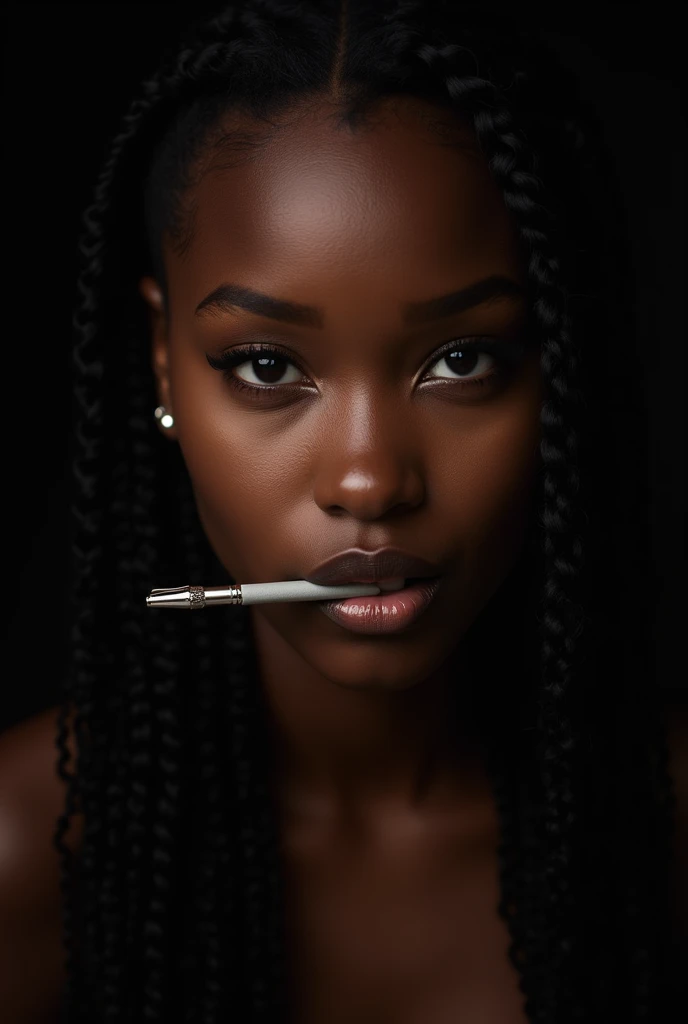 Beautiful black girl, portrait, student, pose with pen in mouth, seductive, realistic, high resolution, detailed, black background 