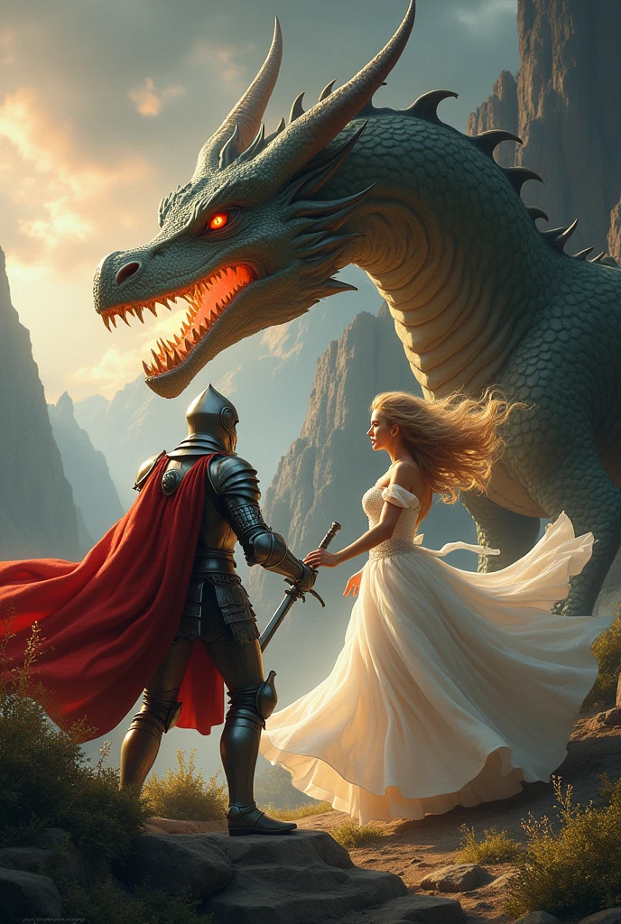 A knight frees a beautiful princess from a dragon