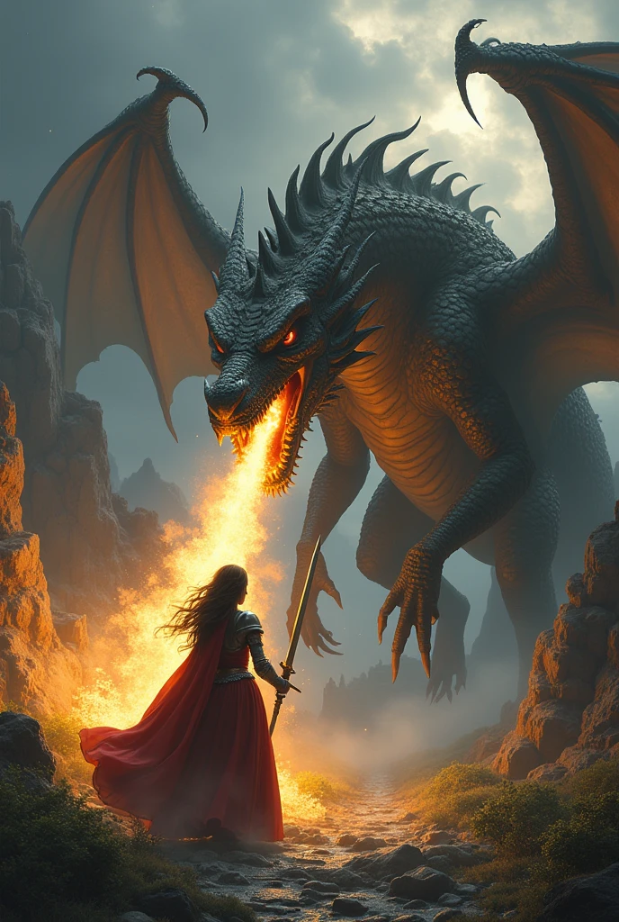 A knight frees a beautiful princess from a dragon