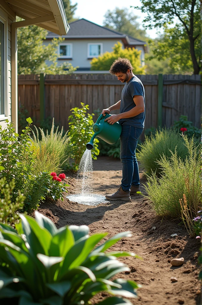 A person is watering a native plant garden in a backyard. The land is well cared for, and there are recycling and composting signs all around. At the bottom, You can see a house with a rainwater harvesting system. The image shows the individual effort to maintain an ecologically responsible environment.. that is not realistic