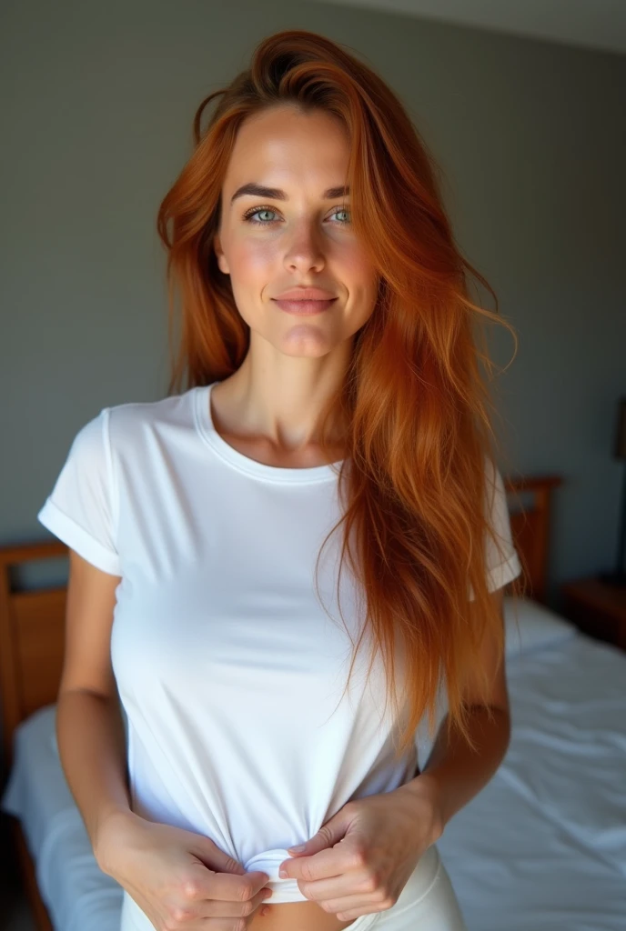 une femme brésilienne de 22 ans, longs cheveux roux, visage rond, yeux clairs, corps agicheur, des expressions faciales qui transmettent le désir, posant pour la photo, porter un t-shirt blanc quelle retire et écarte les jambes , dans sa chambre, avec un mur gris en arrière-plan, Photo prise avec l'appareil photo iPhone dans un environnement éclairé naturellement, image haute résolution mais en gardant une touche de réalité sans filtres exagérés.