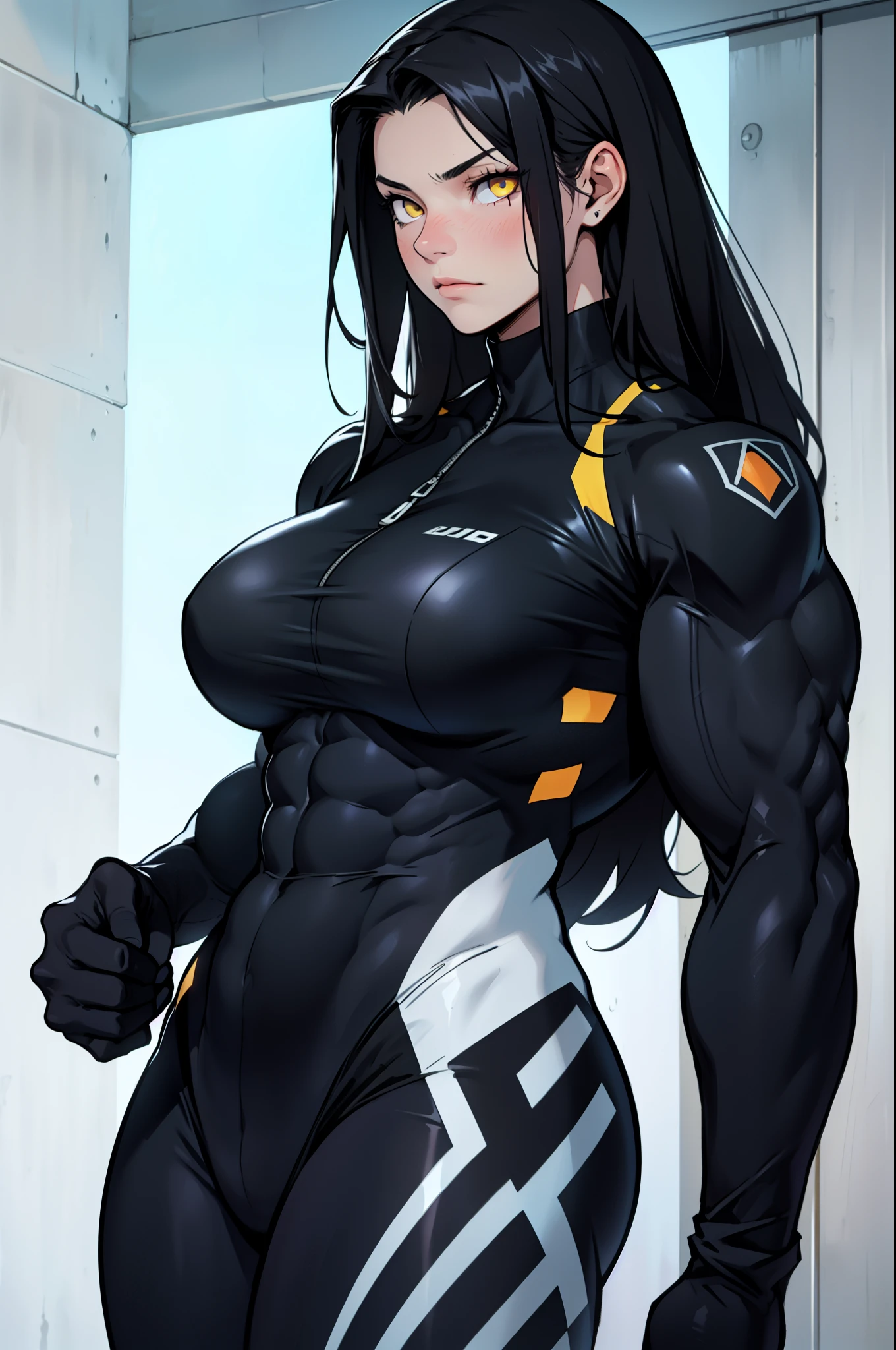 massive breasts huge breasts ((((muscular girl)))) ((((muscular girl)))) ((((muscular girl)))) toned body skinsuit long hair black hair yellow eyes pale skin serious look empty eyes embarrassed