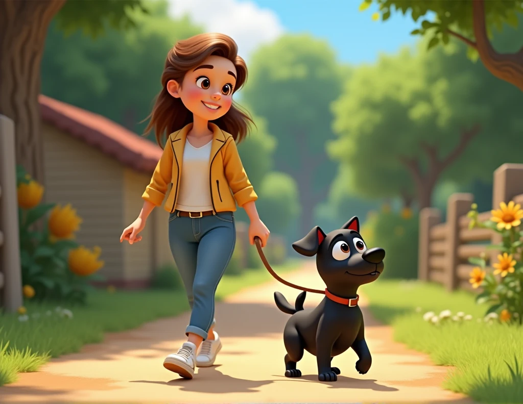 Woman walking, next to a black dog that is squatting with its collar, disney pixar style