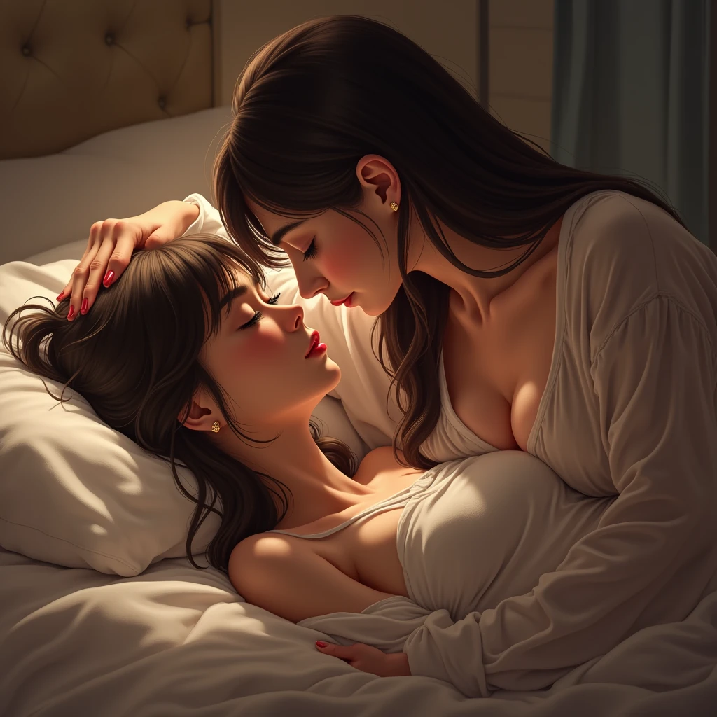 A woman sleeping while her girlfriend strokes her head