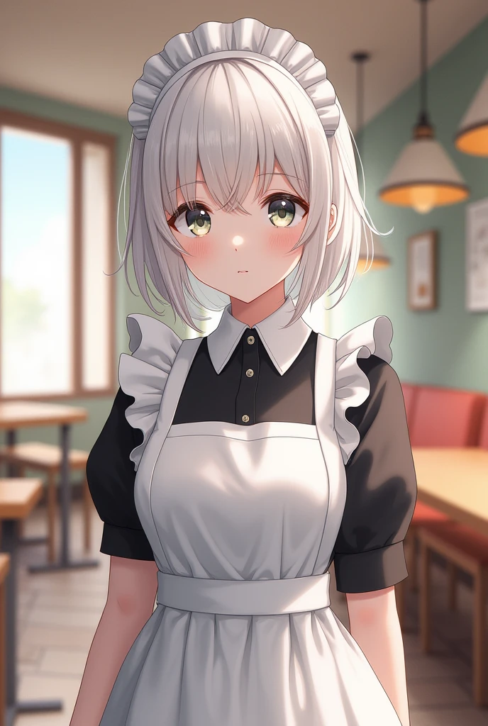 1girl, white hair, full body, maid, cafeteria, high quality, high resolution, best details, detailed eyes, detailed lips, 