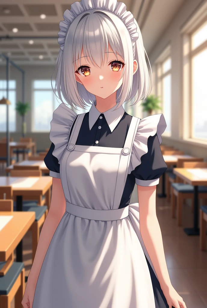 1girl, white hair, full body, maid, cafeteria, high quality, high resolution, best details, detailed eyes, detailed lips, 