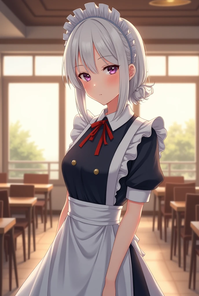 1girl, white hair, full body, maid, cafeteria, high quality, high resolution, best details, detailed eyes, detailed lips, 