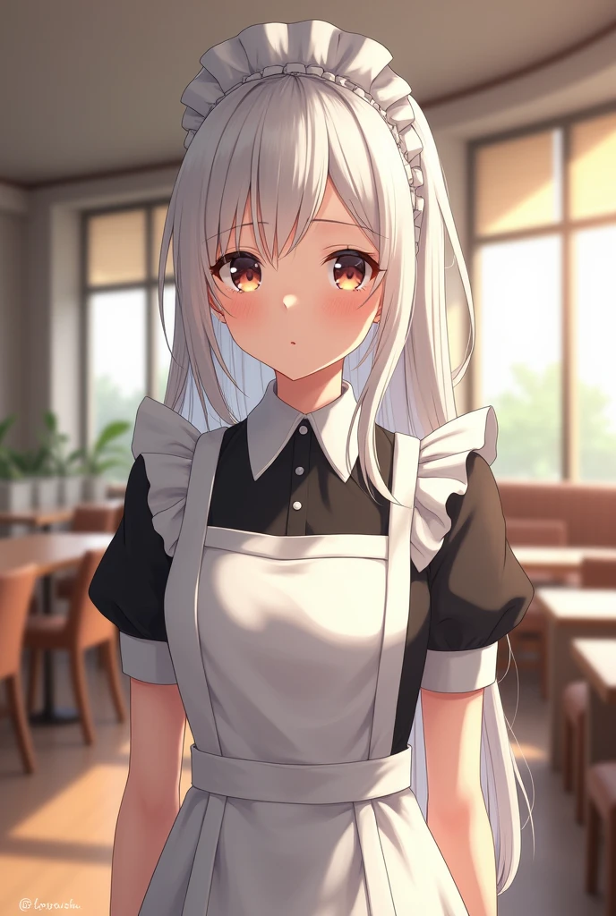 1girl, white hair, full body, maid, cafeteria, high quality, high resolution, best details, detailed eyes, detailed lips, 