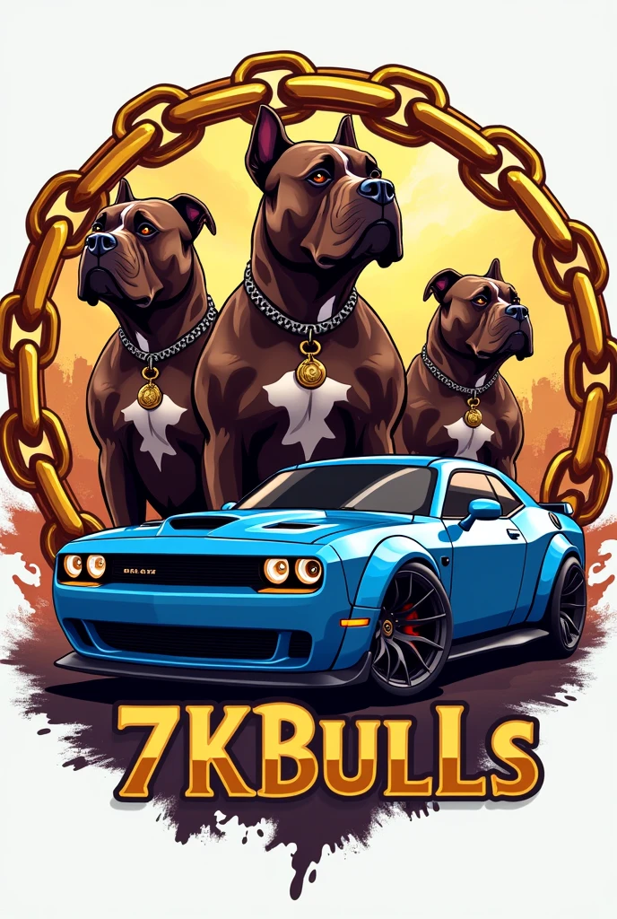 Generate a logo for a dog kennel, Eye-catching logo, golden circle chains, chocolate colored dogs, Exotic American Bully Breed, short snout, marked forehead, muscular, extra muscular,accompanied by a blue tuning car, The name that will go on the logo is "7K Bulls" 