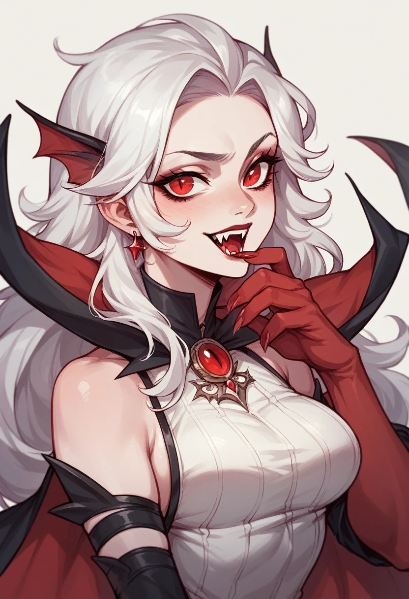 A vampire with white hair with pink tips and red eyes, sexly