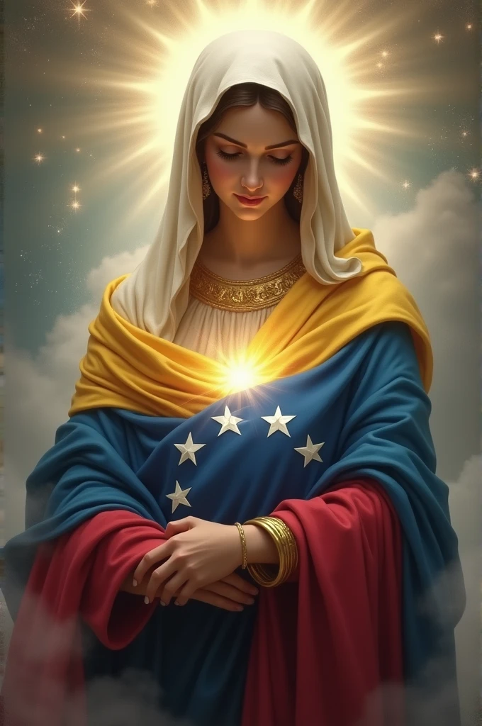 The Virgin Mary embracing the flag of Venezuela with its seven white stars