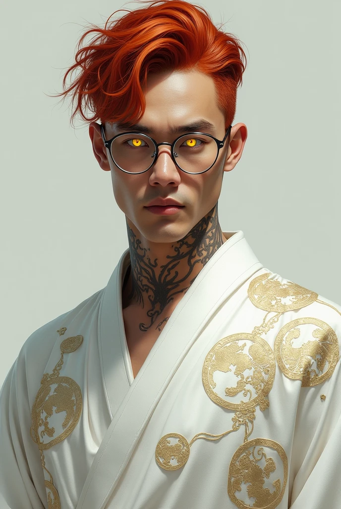 A skinny red-haired and handsome Asian man, with scars all over his body. , he has bright yellow eyes and glasses. wearing a white Yukata with full moon details all over the body

