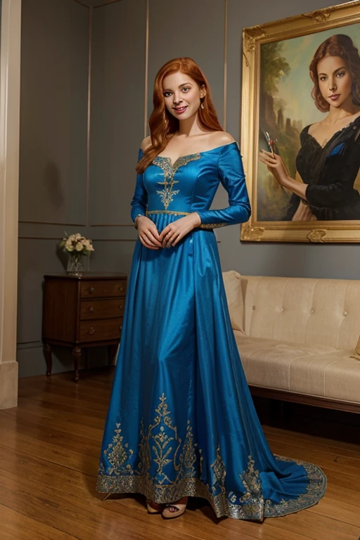 hall with painting beautiful ginger woman dressed in luxurious blue dress full length photo smile