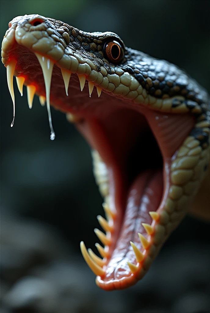 the mouth of a snake, seen from a side angle, with its mouth open, with several teeth in its jaw, saliva between the teeth, high detail and realism, unreal engine 5.8k --ar4:5 -- v5 --q 2 --s 1000