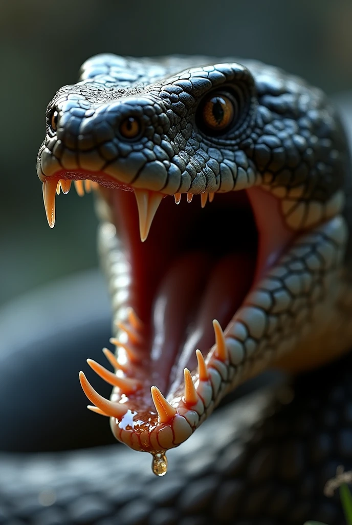 the mouth of a snake, seen from a side angle, with its mouth open, with several teeth in its jaw, saliva between the teeth, high detail and realism, unreal engine 5.8k --ar4:5 -- v5 --q 2 --s 1000