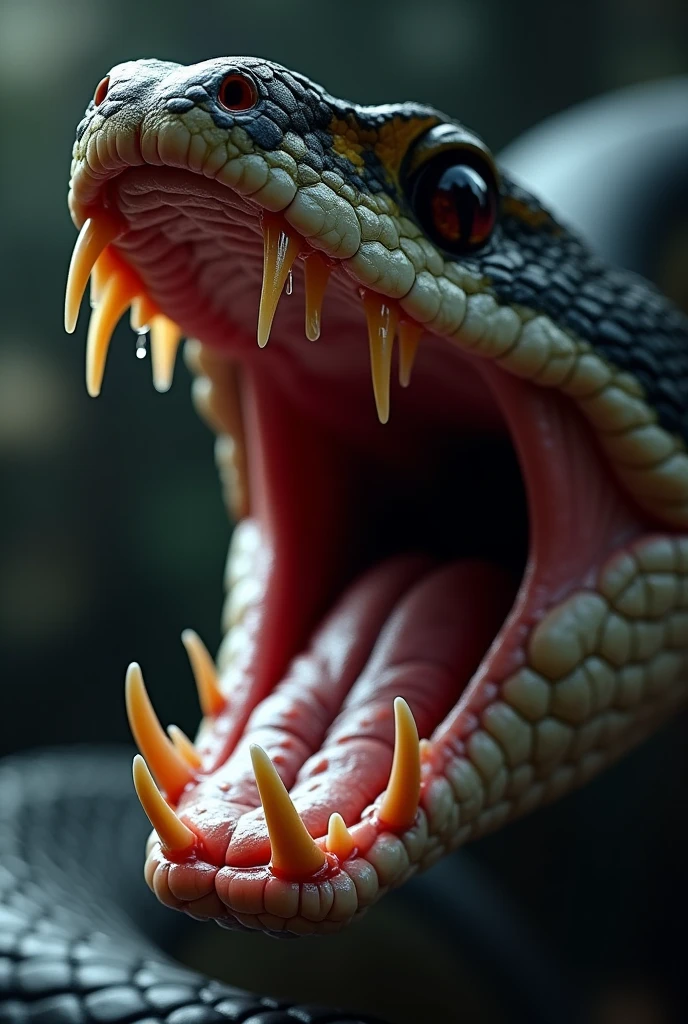 the mouth of a snake, seen from a side angle, with its mouth open, with several teeth in its jaw, saliva between the teeth, high detail and realism, unreal engine 5.8k --ar4:5 -- v5 --q 2 --s 1000