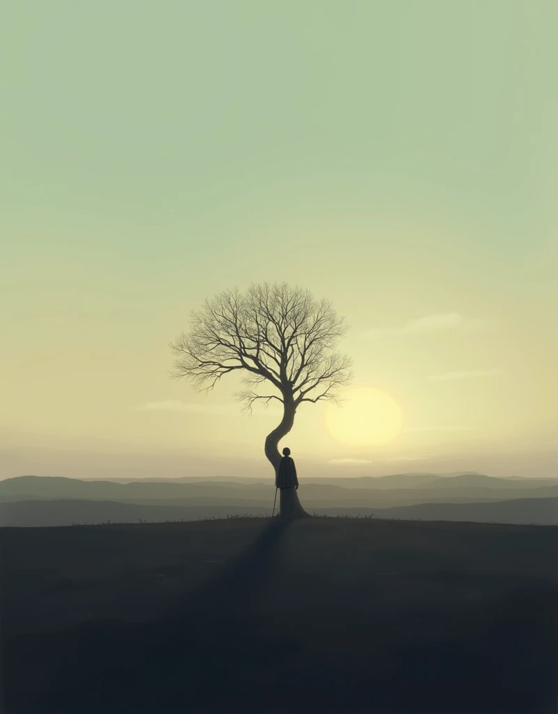 Create an image of a quiet, desolate landscape at dusk. The scene should evoke a sense of inner conversation and emotional exhaustion. Include elements like a lone tree, a setting sun, and perhaps a distant horizon with soft, muted colors. The overall mood should be reflective and somber, capturing the feeling of unspoken thoughts and weariness."