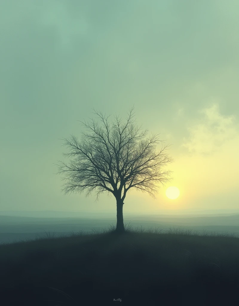 Create an image of a quiet, desolate landscape at dusk. The scene should evoke a sense of inner conversation and emotional exhaustion. Include elements like a lone tree, a setting sun, and perhaps a distant horizon with soft, muted colors. The overall mood should be reflective and somber, capturing the feeling of unspoken thoughts and weariness."