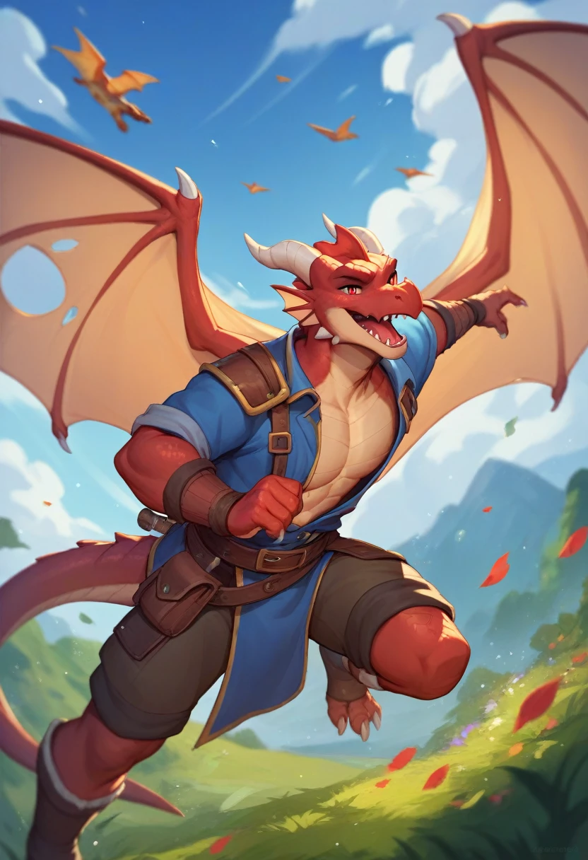 Anthropomorphic, red dragonborn, open air, adventurer's outfit that covers the entire body, illustrative art, open plan, red scales, red skinned , greeneyes, cloth backpack on the back, sword in the waist, 1 tail, 8k, high resolution.