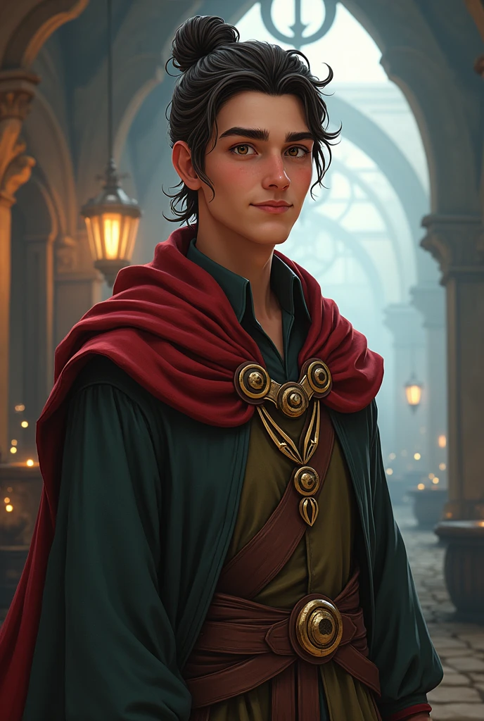 crie um homem, he's a wizard, he has his hair in a bun style, make it in the art style of dungeons and dragons VOX MACHINA from critical role create it with a friendly and calm face, he has no beard and is just a 24 year old adult, don't do it in a way , I want you to make this art in the same animation style they use in the Vox Machina animated series on Amazon Prime., make it more realistic, do it in the same style as baldur's gate 3