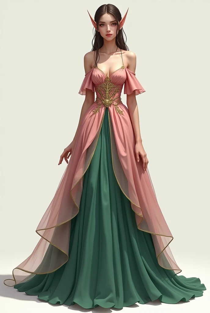 The description outlines a floor-length elven dress with intricate details:
Model: A dark elf.
Top: The off-shoulder blouse in dusty pink features cold shoulders and a unique waist design with delicate golden elements, exuding a romantic and ethereal feel.
Waist: A decorative golden feature adds regality and structure, contrasting beautifully with the pink blouse.
Skirt: The layered skirt starts with a soft pink peplum at the waist, transitioning into green tones at the bottom, creating a flowing and ethereal effect.
Overall Aesthetic: The dress evokes a fantasy or fairy-tale theme with its nature-inspired colors, graceful silhouette, and modern details, suitable for formal events or fantasy settings.
2d fashion design style of picture.