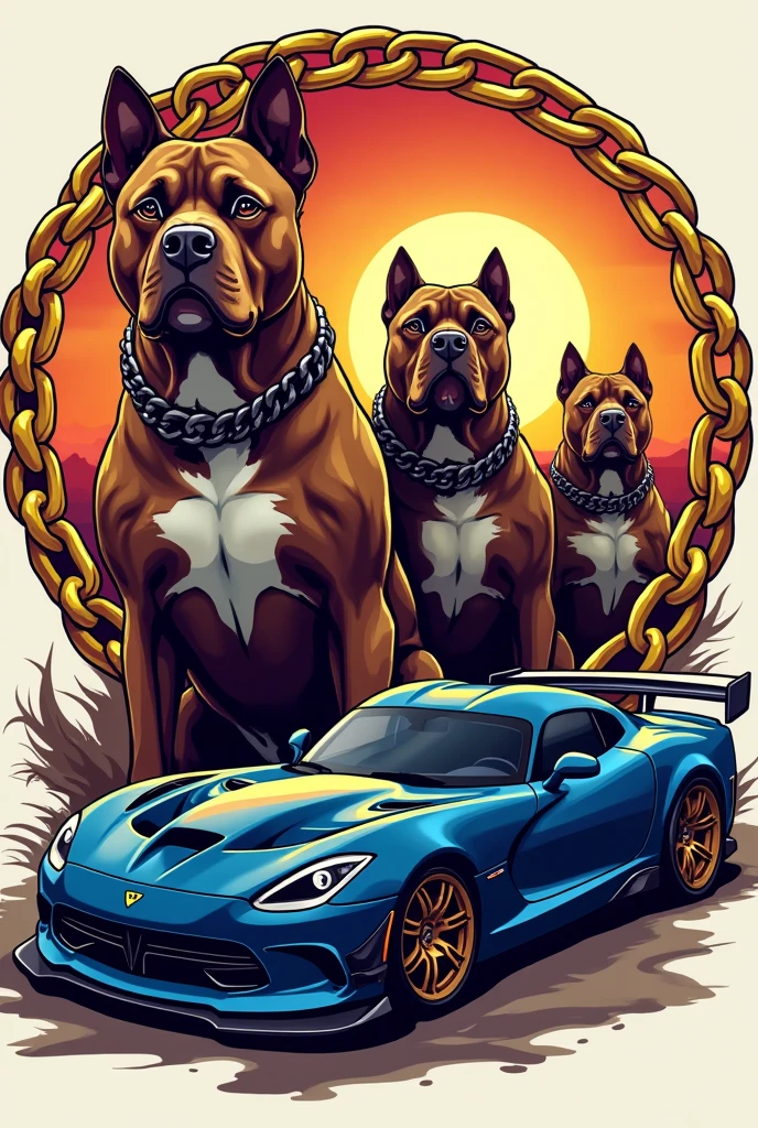 Generate a logo for a dog kennel, Eye-catching logo, golden circle chains, chocolate colored dogs, Exotic American Bully Breed, short snout, marked forehead, muscular, extra muscular,accompanied by a blue tuning car, The name that will go on the logo is "7K Bulls"