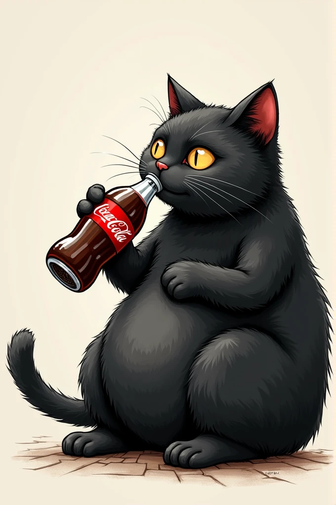 Cute black cat drawing, fat man drinking a bottle of cocacola 