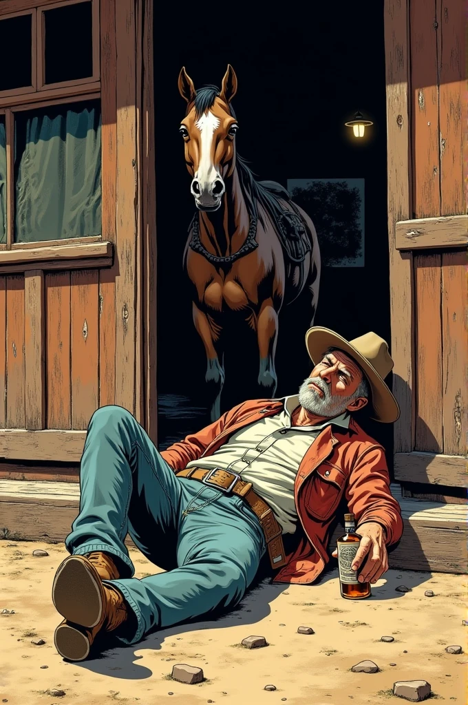 Hyperrealistic color comic 1950s a drunk cowboy lying outside with a bottle of liquor in his hand at the door of a saloon his horse at his side in the American Wild West