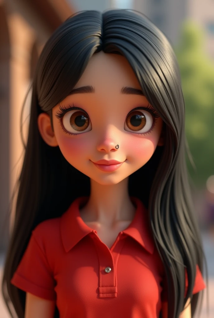 Cartoon characters of a young woman PEARLY SKIN STRAIGHT HAIR, long and black, WITH NOSE EARRING AND A RED POLO SHIRT animation style rendering, 3D stylized, Arnold Maya rendering, Render 3D stylized, , 3D character, 3D character, Stylized 3D rendering, 3d character rendering, cartoon character, Close-up character, Character pose, (pixar style) (master part:1.2) (bokeh) (Best Quality) (detailed skin) (detailed texture) (8k) (clay) (cinematic lighting) (sharp focus