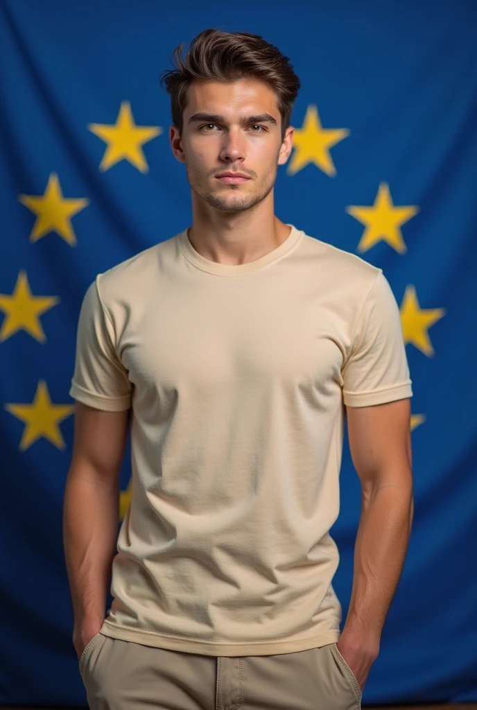 jeune de 18 ans brun homme avec un drapeau de l'union européenne derrière lui il habiller classe avec un tee shirt et un pantalon beige il est acer fit , la photo doit être sérieuse et doit inspirer les gens
