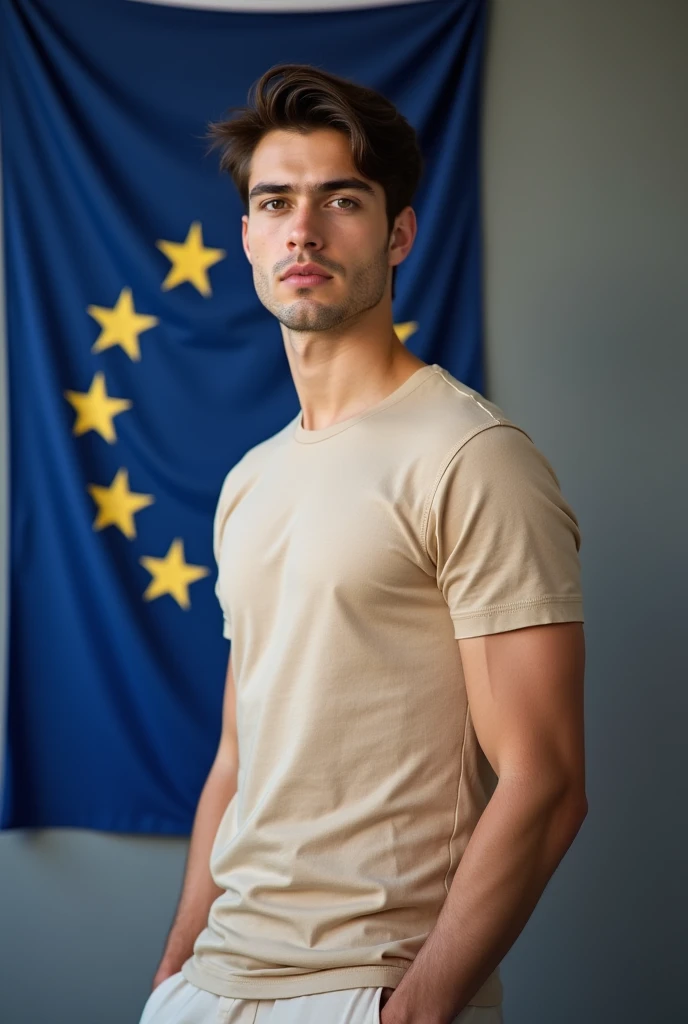 jeune de 18 ans brun homme avec un drapeau de l'union européenne derrière lui il habiller classe avec un tee shirt et un pantalon beige il est acer fit , la photo doit être sérieuse et doit inspirer les gens
