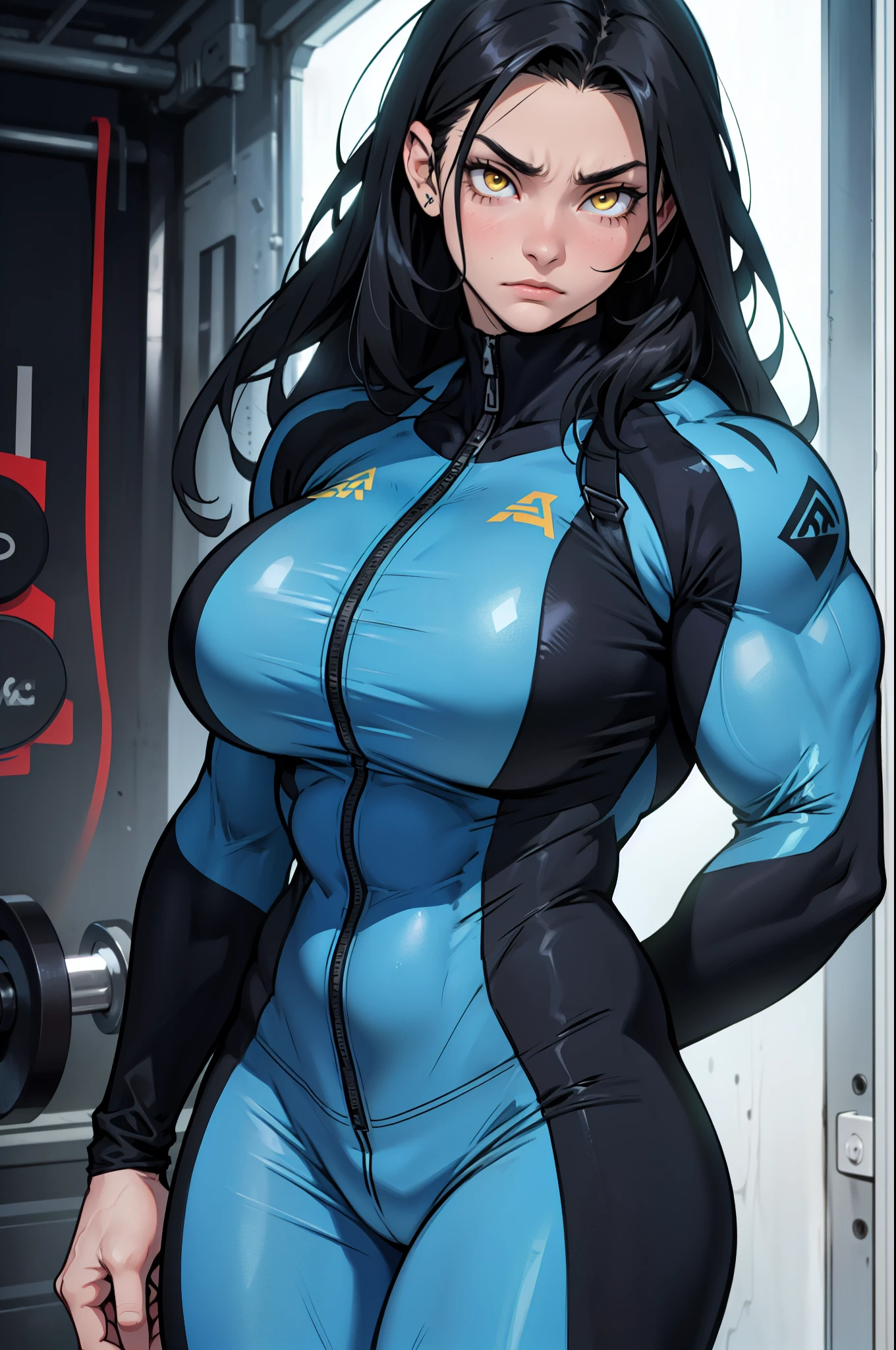 massive breasts huge breasts ((((muscular girl)))) ((((muscular girl)))) ((((muscular girl)))) toned body skinsuit long hair black hair yellow eyes pale skin serious look empty eyes embarrassed