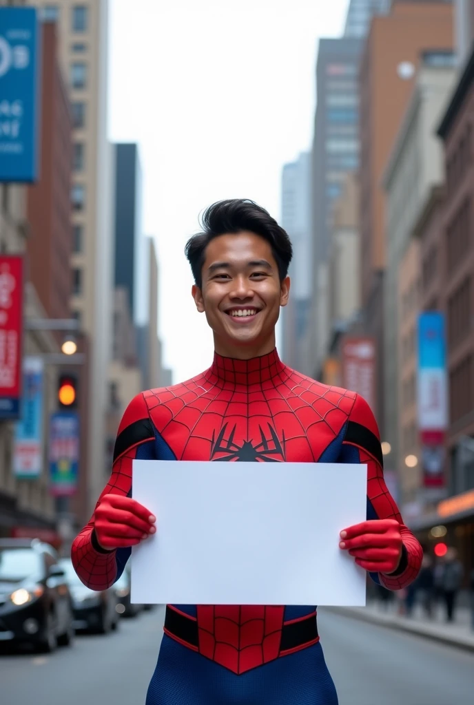 foto nyata. pria muda wajah indonesia memakai pakaian spiderman. memegang papan putih kosong ukuran 4:3 berdiri tersenyum di tengab jalanan kota new york. Ultra-realistic 8K photograph, shot with a Leica Q2, strong color contrast and sharp clarity --ar 9:16 --quality 2 --