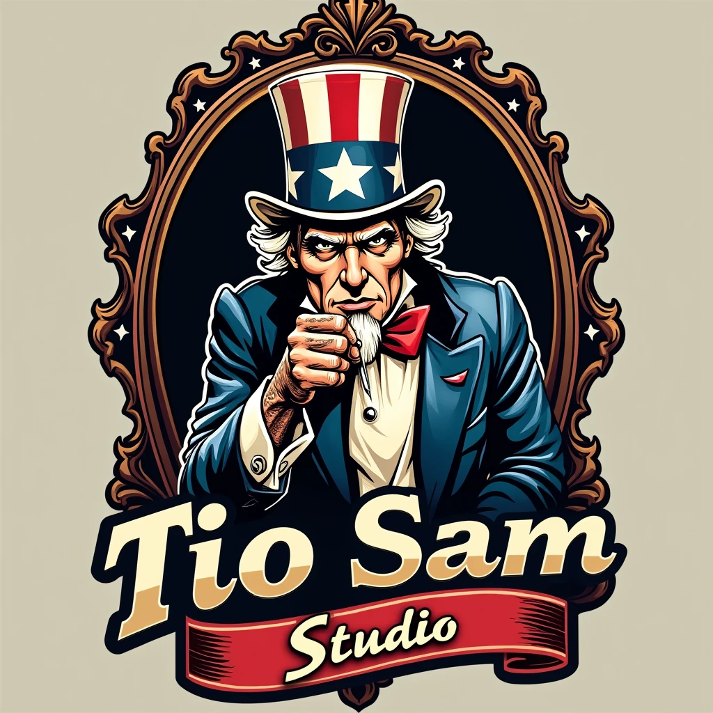 Create a logo called "Tio Sam Studio" The idea is to bring a mirror and the tattooed Uncle Sam coming out of it as if he were tattooing someone and below the image the name of the company. Remembering that I want a logo for a tattoo studio, do it in Portuguese.
Be more creative and professional