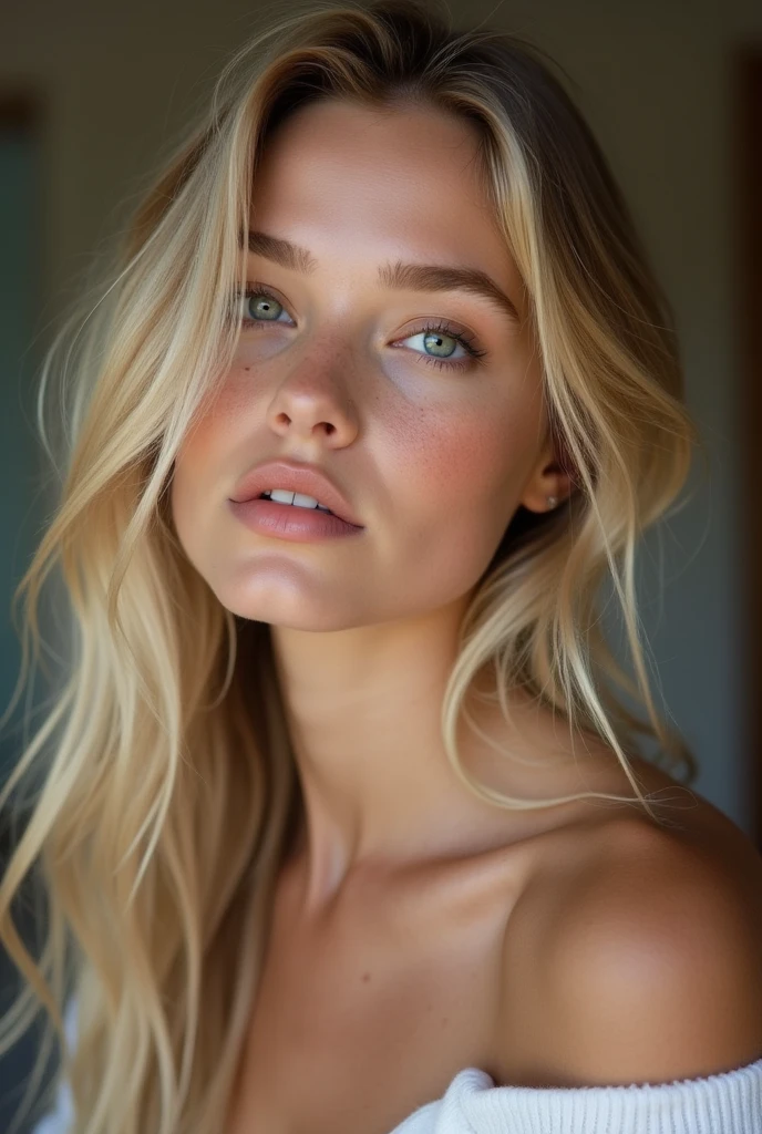 create an influencer,blonde hair,Scandinavian,light eyes,light brown skin, spotty, girl next door,Natural photo, spontaneous photo, 55 mm linse, Permissive,at home, Background also sharp, further away from the camera ,elegant posture, further away from the camera, sexy Blick