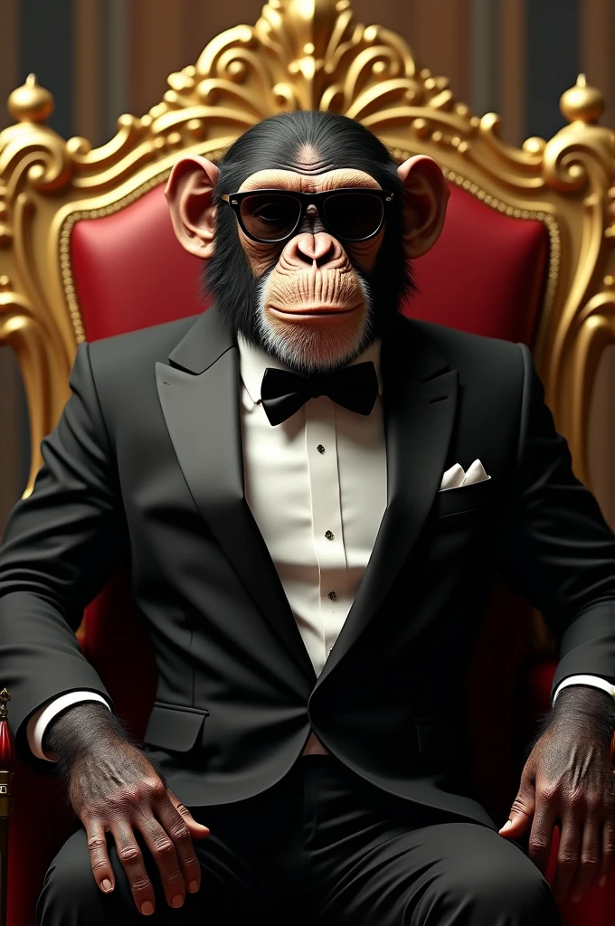 Chimpanzee wearing sunglasses and a tuxedo on a gold thrown 