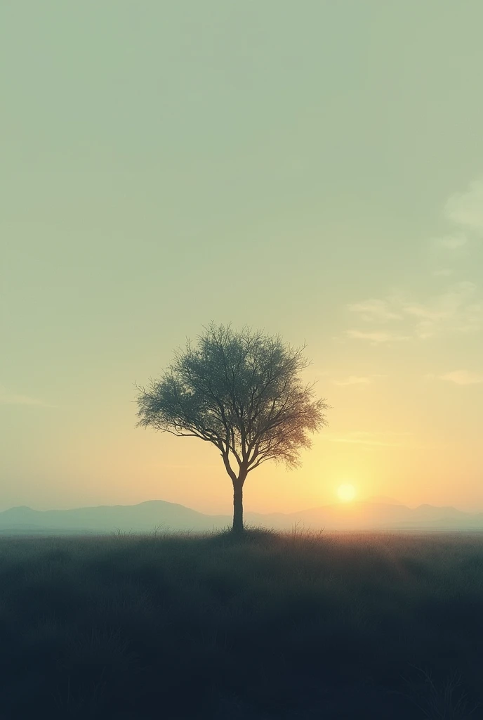 Create an image of a quiet, desolate landscape at dusk. The scene should evoke a sense of inner conversation and emotional exhaustion. Include elements like a lone tree, a setting sun, and perhaps a distant horizon with soft, muted colors. The overall mood should be reflective and somber, capturing the feeling of unspoken thoughts and weariness."