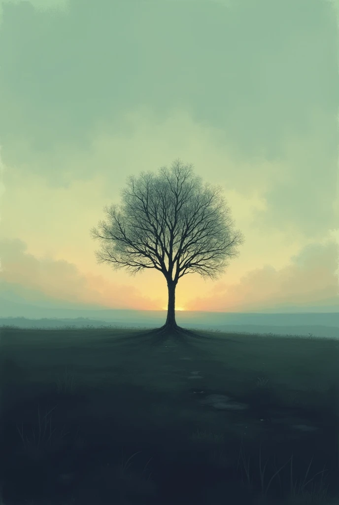 Create an image of a quiet, desolate landscape at dusk. The scene should evoke a sense of inner conversation and emotional exhaustion. Include elements like a lone tree, a setting sun, and perhaps a distant horizon with soft, muted colors. The overall mood should be reflective and somber, capturing the feeling of unspoken thoughts and weariness."