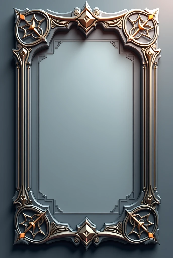 Design a 3D stylized card frame for the SOLMON series with a neutral theme, suitable for any elemental character. The card frame should have a sleek and modern aesthetic, featuring a balanced blend of metallic tones like silver, bronze, and dark steel.

The frame should be bordered with intricate, yet subtle geometric patterns that convey a sense of mystique without being tied to any specific element. The top and bottom sections of the frame should include elegant, minimalist engravings that enhance the overall design without overwhelming it, leaving space at the bottom for the character's name.

The corners of the frame can be decorated with small, abstract icons that add visual interest while remaining neutral in theme. The background of the card should be semi-transparent, providing a subtle depth that allows the character art to stand out prominently.

The overall design should be clean, balanced, and visually appealing, making it versatile and suitable for showcasing any of the powerful and magical creatures in the SOLMON universe.