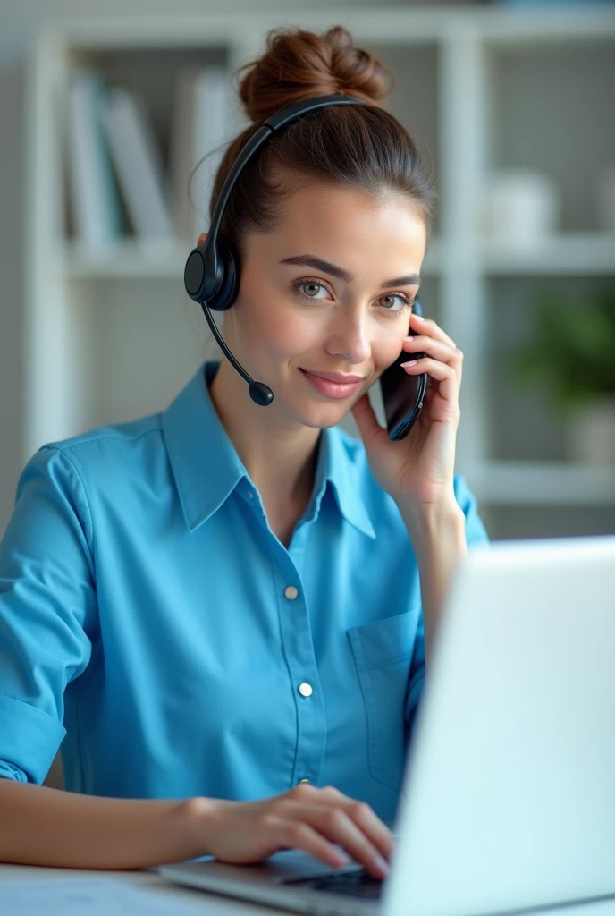 Lady with headphones and microphone wearing a full sky blue customer service shirt answering a call, sharp image, hair with bun typing on laptop keyboard touching her earphone with black hair looking at us through the screen