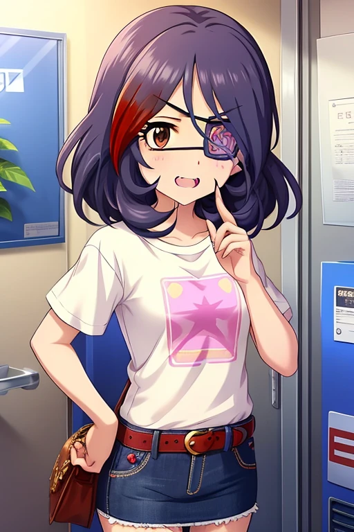 Hayasaka Mirei,purple hair,multicolored hair,fang,brown eyes,short hair,eyepatch,white t-shirt,jeans skirt,belt