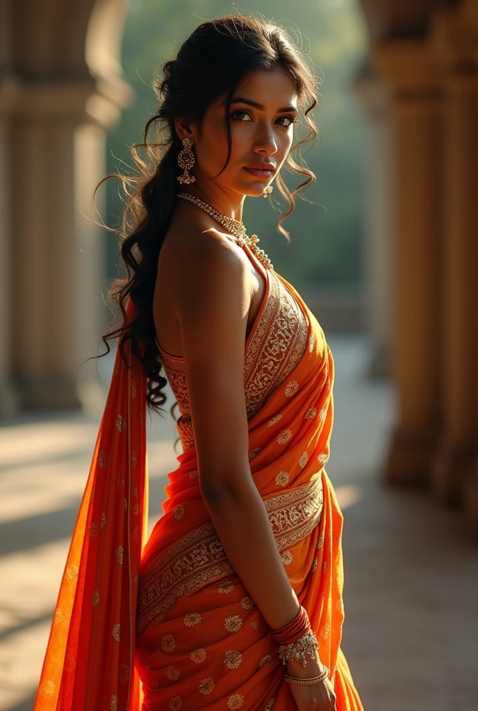 A beautiful curvy Indian woman wearing a sari