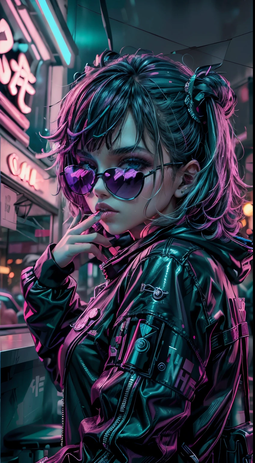 ((best quality)), ((master part)), (Very detailed: 1.3), ..3d, NeonNoir, cyberpunk bonito, (Giant teddy bear: 1), (with sunglasses: 1.2), (pupilas em forma de diamante: 1.2), heart-shaped, usando uma capa de capuz longo, (usando um capuz: 1.2), neon roxo no monitor, Colorful neon signs on the wall, street lighting, (emissor branco: 1.1), Olhos desdenhosos, it's raining outside, sentado em um bar, Fotografias mestras da Sony,