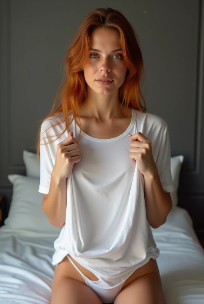 une femme brésilienne de 22 ans, longs cheveux roux, visage rond, yeux clairs, corps agicheur, des expressions faciales qui transmettent le désir, posant pour la photo, porter un t-shirt blanc quelle retire et écarte les jambes , dans sa chambre, avec un mur gris en arrière-plan, Photo prise avec l'appareil photo iPhone dans un environnement éclairé naturellement, image haute résolution mais en gardant une touche de réalité sans filtres exagérés. Elle se mets entièrement nue