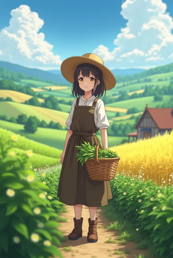 female medieval anime farmer, modest clothing, farmland background