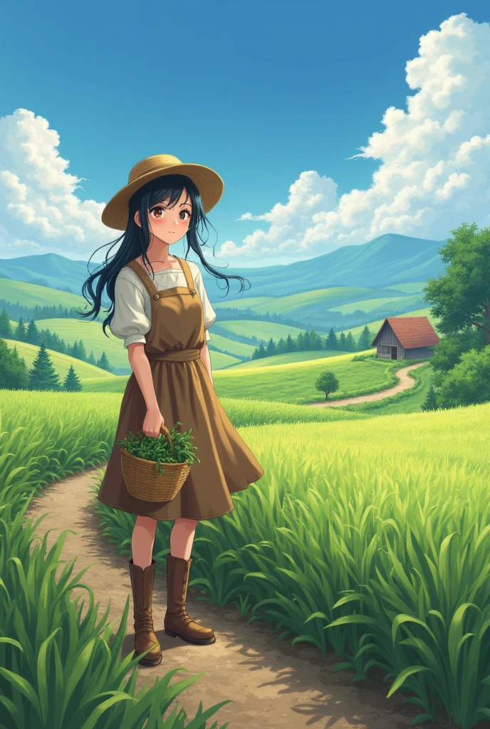 female medieval anime farmer, modest clothing, farmland background