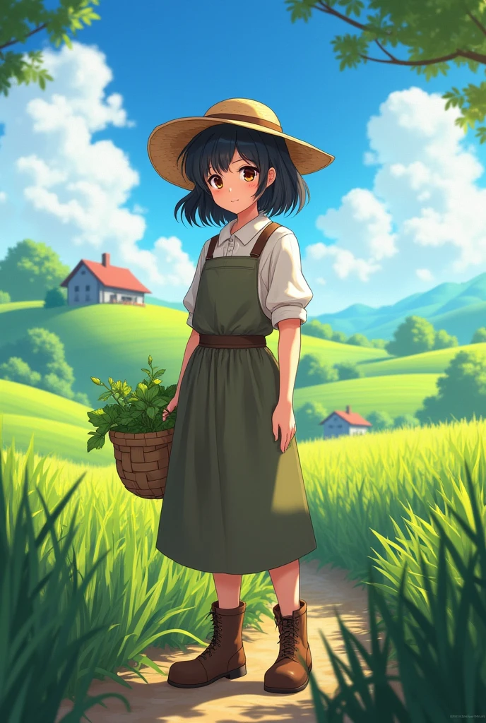 female medieval anime farmer, modest clothing, farmland background
